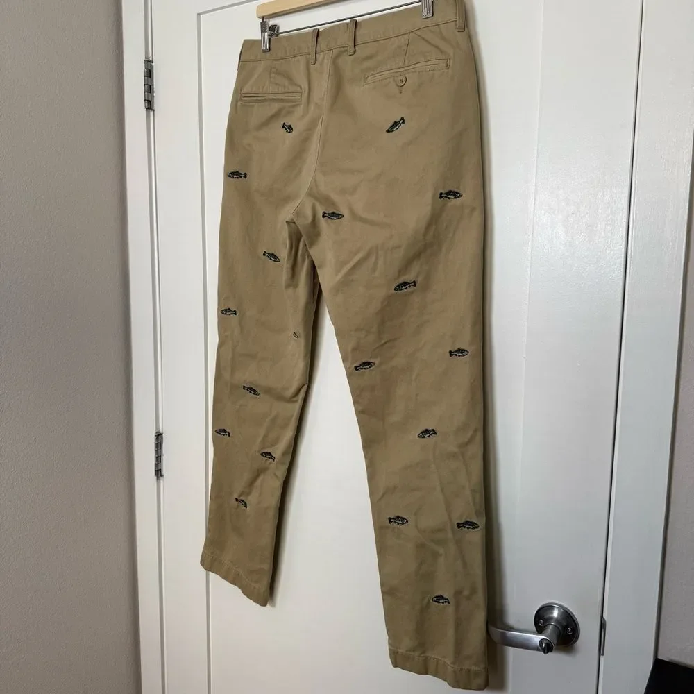 J Crew The Sutton Chino Pants Mens 33x32 Tan Straight Embroidered Fish Cotton